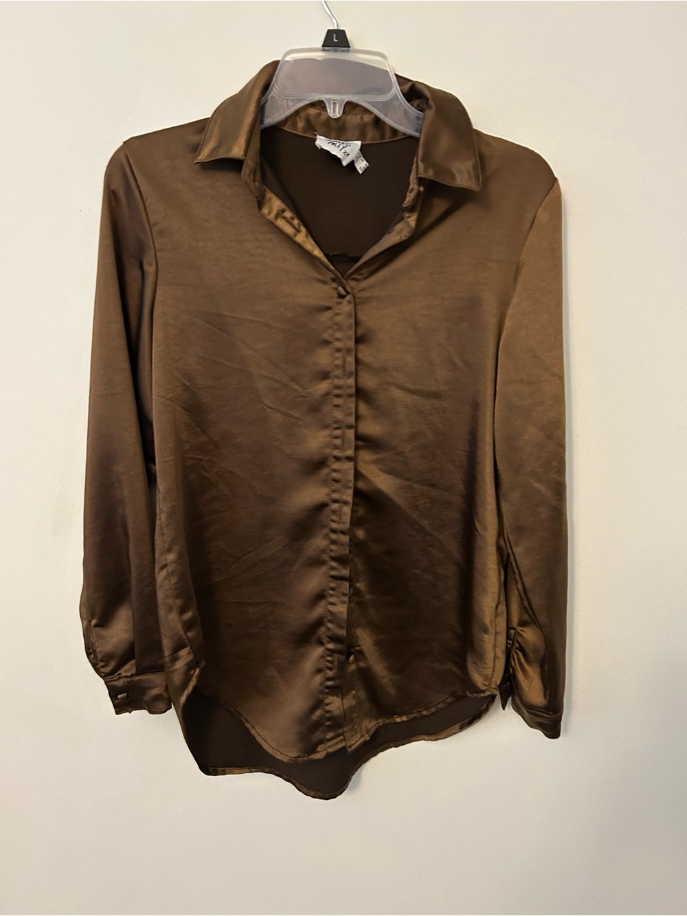 Princess Polly Satin Button-Up Blouse in Rich Brown